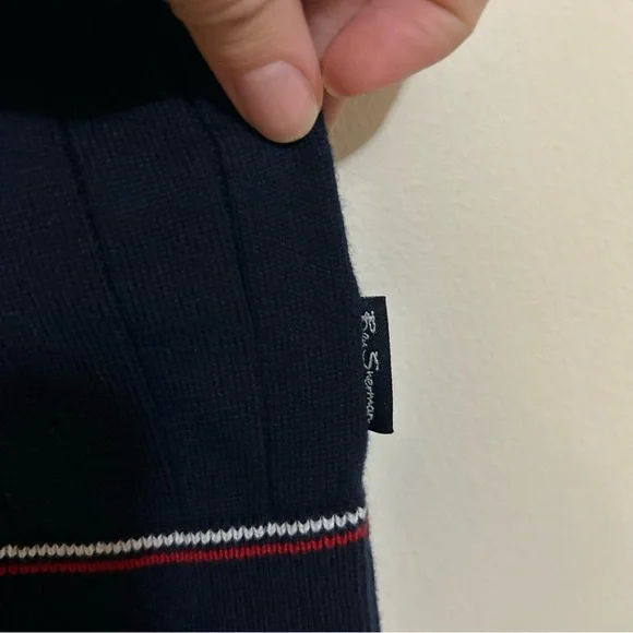 Ben Sherman Polo Shirt Mens Med Navy Blue Red Retro Textured Knit Ribbed Sweater - Picture 4 of 6